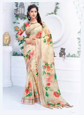 Multicolor printed linen saree with blouse 1