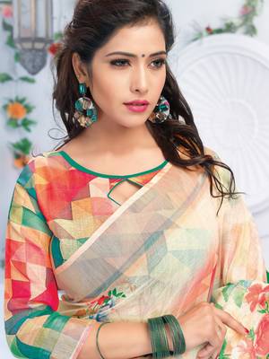 Multicolor printed linen saree with blouse 2
