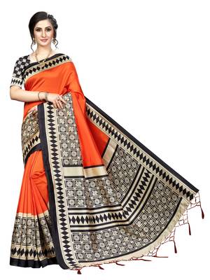 Orange printed art silk saree with blouse 1