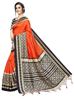 Orange printed art silk saree with blouse 2