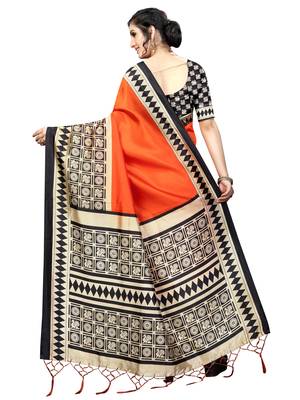 Orange printed art silk saree with blouse 3