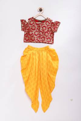 Maroon printed brocade top with dhoti for girls 1
