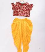 Maroon printed brocade top with dhoti for girls