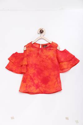 Orange printed georgette kids-tops 3
