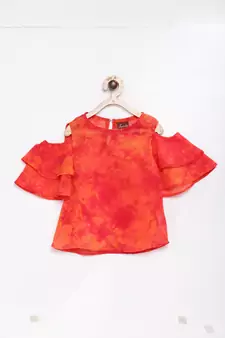 Orange printed georgette kids-tops