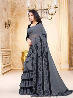 Grey Plain Georgette Saree With Blouse 2