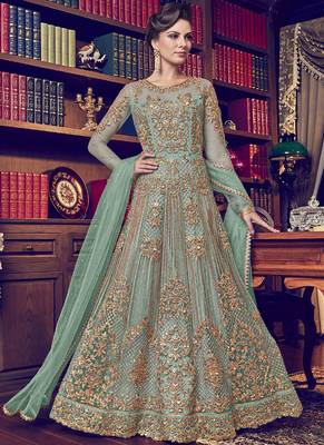 Turquoise embroidered net salwar 1