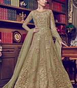 Olive Embroidered Net Salwar