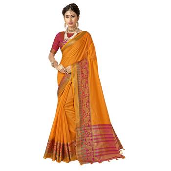 Orange woven cotton  saree with blouse 1