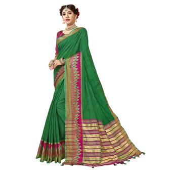 Green woven cotton  saree with blouse 1
