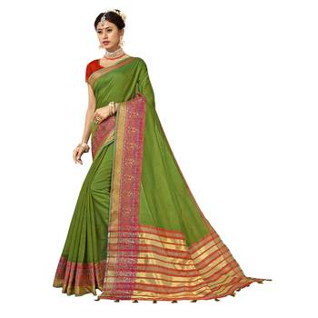 Green woven cotton  saree with blouse 1