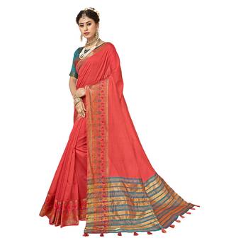 Peach woven cotton  saree with blouse 1