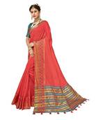 Peach woven cotton  saree with blouse