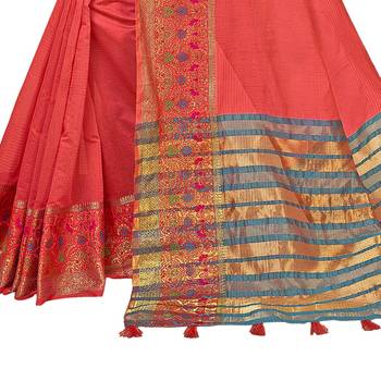 Peach woven cotton  saree with blouse 3