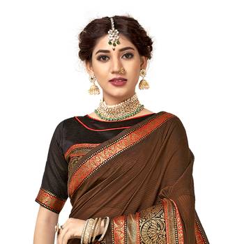 Brown woven cotton  saree with blouse 2
