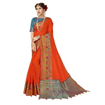 Orange woven cotton  saree with blouse 1