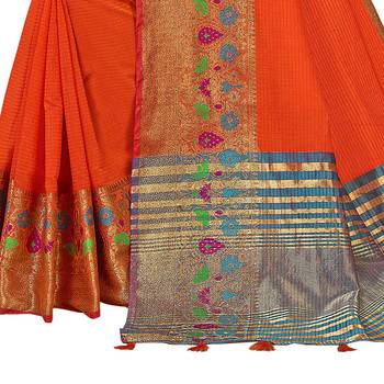 Orange woven cotton  saree with blouse 3
