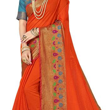 Orange woven cotton  saree with blouse 4
