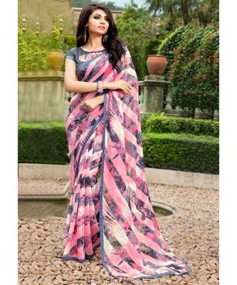 pink printed georgette saree with blouse 2