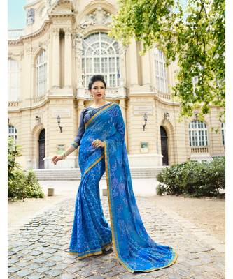 blue printed brasso saree with blouse 2