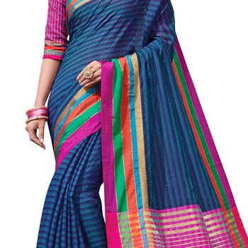Blue woven chanderi saree with blouse 4