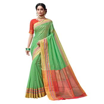 Green woven chanderi saree with blouse 1