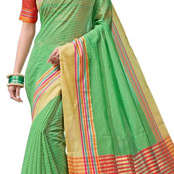 Green woven chanderi saree with blouse 4