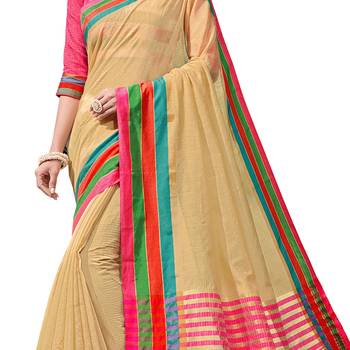 Beige woven chanderi saree with blouse 4