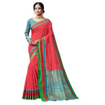 Red woven chanderi saree with blouse 1