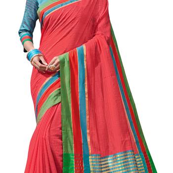 Red woven chanderi saree with blouse 4