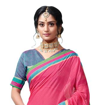 Pink woven chanderi saree with blouse 2