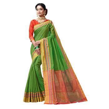 Green woven chanderi saree with blouse 1