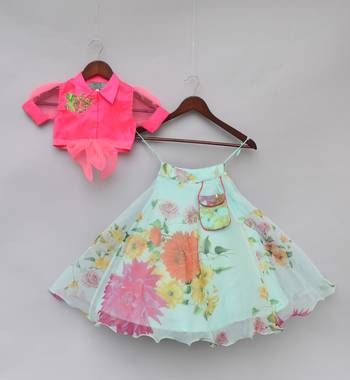 Hot Pink Knotted Top With Aqua Green Printed Lehenga 1
