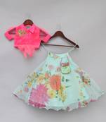 Hot Pink Knotted Top With Aqua Green Printed Lehenga