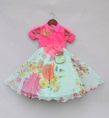 Hot Pink Knotted Top With Aqua Green Printed Lehenga 2