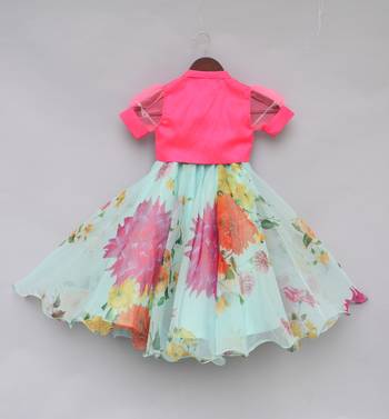 Hot Pink Knotted Top With Aqua Green Printed Lehenga 3