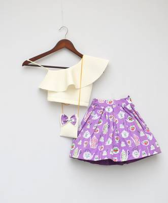 White Lycra Crop Top with Printed Skirt 1