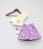 White Lycra Crop Top with Printed Skirt