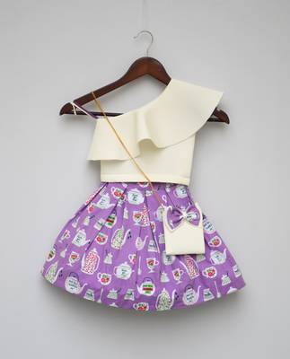 White Lycra Crop Top with Printed Skirt 2