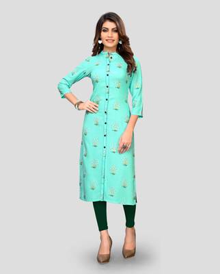Sky-blue printed rayon ethnic-kurtis 1