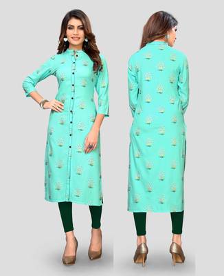 Sky-blue printed rayon ethnic-kurtis 5