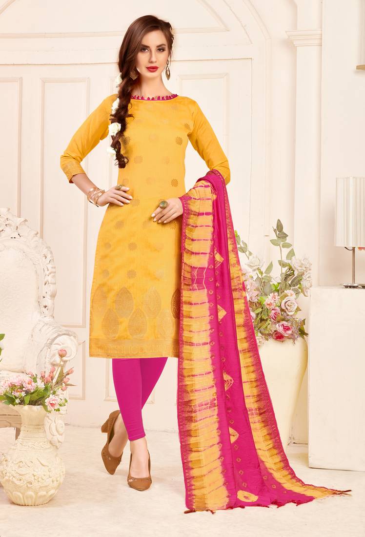 Yellow embroidered banarasi cotton salwar