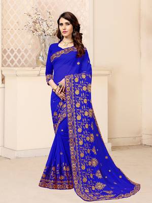 Royal blue embroidered georgette saree with blouse 4