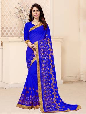 Royal blue embroidered georgette saree with blouse 5