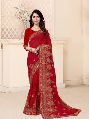 Red embroidered georgette saree with blouse 3