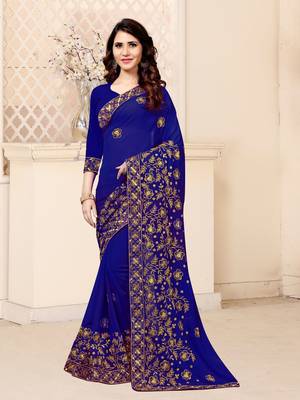 Royal blue embroidered georgette saree with blouse 4
