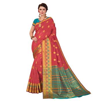 Red woven cotton silk saree with blouse 1