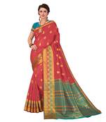Red woven cotton silk saree with blouse