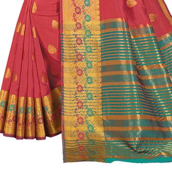 Red woven cotton silk saree with blouse 3