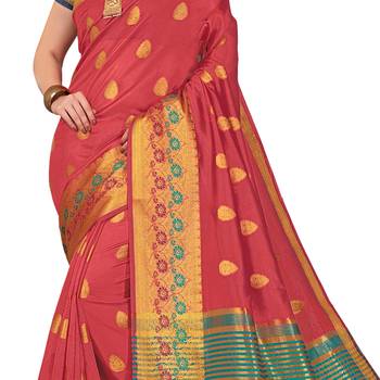 Red woven cotton silk saree with blouse 4